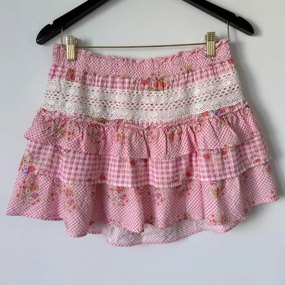 LoveShackFancy Pink Floral Tiered Mini Skirt - Picture 4 of 12